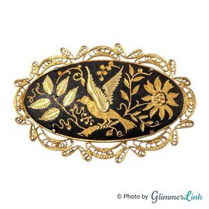Vintage Oval Damascene Filigree Floral Bird Trombone Clasp Gold Tone Brooch